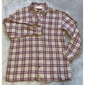 Plaid Linen Blend Button Up Top‎ Women's Size L Tan Red Long Sleeve Susan Graver